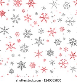 Red, grey spot snow flake tracery seamless pattern on white. Abstract geometric texture background vector illustration. Winter xmas new year ornament for prints, package, wrapping paper, greeting card