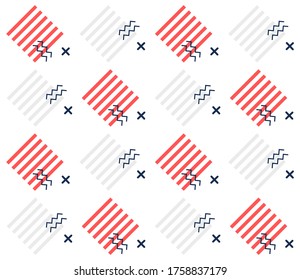 Red and grey striped square pattern background, wallpaper, wrapping paper, abstract geometry with zigzag and cross ornaments.