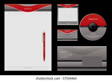 Red and grey template vector background - blank, card, cd, note-paper, envelope, pen