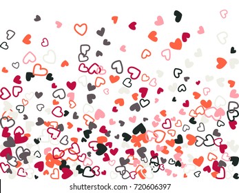 Red grey Valentine's day scatter of doodle hearts banner or card template. Flying heart confetti airy vector pattern. Holiday decoration with tenderness symbol confetti flying, love background vector.