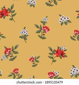 flores vectoriales rojas y grises con hojas verdes patrón sobre fondo amarillo