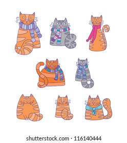 Red and grey vector funny cartoon cats set