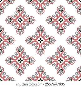 Red, grey, and white embroidery, motif ethnic ikat seamless textile illustration, print striped ornament, pattern, design for wrapping, wallpaper, and fabric textiles.