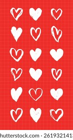 Red grid background with 18 white hand-drawn hearts. Heart pattern, heart design, heart art. Repeated heart motifs on vibrant red. Heart-themed decoration. Cute hand drawn Valentine's Day vector set.
