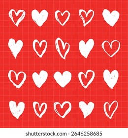 Red grid background with white heart shapes. Heart pattern, white hearts on red. Simple heart design, grid layout. Heart shapes repeated, red and white theme. Cute hand drawn Valentine's Day vector.