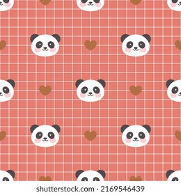 Red grid panda with cute hearts seamless pattern, kids woodland animals background