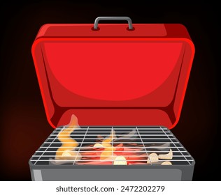 Red grill with flames and charcoal