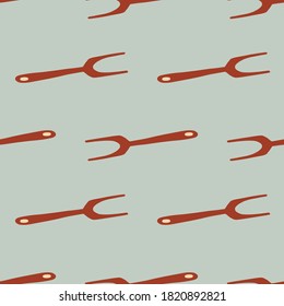 Red grill fork silhouettes seamless pattern. Light pastel background. Horros style barbeque acute kitchen tools. Great for wallpaper, textile, wrapping paper, fabric print. Vector illustration.