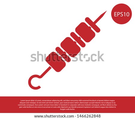 Red Grilled shish kebab on skewer stick icon isolated on white background. Meat kebab on skewer stick. Picnic with grilled meat. Vector Illustration