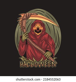 Red grim reaper holding scythe on Halloween