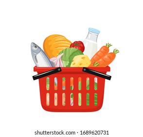 Red Grocery Shopping Basket Full Of Fresh Food Isolated On White Background. Delivery Of Products From Store. Vector Illustration Of Bread, Milk, Cheese, Fish And Vegetables In Cartoon Flat Style.