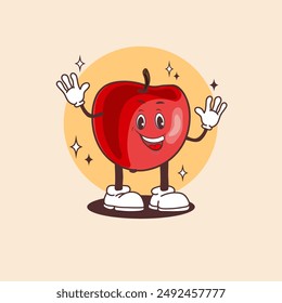 red groovy apple with smile, cartoon character, mascot