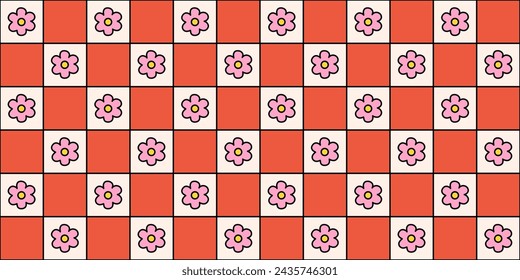 Red groovy pattern with soft pink flowers on a checkered background. Groovy, funky, trippy, psychedelic, floral, hippie, 60's, 70's, checkerboard, distorted grid. Textile.