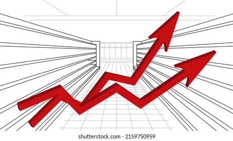 Rojo creciendo flecha 3d sobre el fondo del supermercado de dibujo de esbozo. Gráficos y gráficos de barras. Aumento de los precios de los alimentos. Concepto de inflación. Industria minorista. Finanzas y Economía. Mercado. Tienda de comestibles. Crisis alimentaria