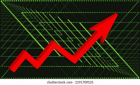 Rojo creciendo en 3d gran signo de flecha en fondo digital negro. Línea verde neón. Gráfico de barras de inflación. Gráfica. El precio en alza. Finanzas y Economía. Volatilidad del mercado. Concepto de crisis global. Recesión. 