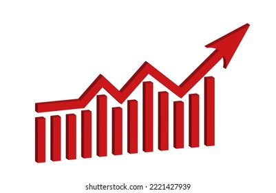 Signo de flecha grande 3d de crecimiento rojo. Gráfico de barras de inflación. Gráfica. El precio en alza. Finanzas y Economía. Volatilidad del mercado. Planificación financiera. Concepto de crisis global. Recesión. infografías de negocios.
