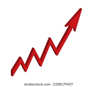 Red growing up 3d large arrow sign isolated on white background. Inflation Bar chart. Vector graph. Rising price. Finance and Economy. Market volatility. Recession. Infographics. Big data analytics.