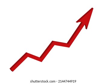 Red growing up arrow sign isolated on white background. Bar charts and graphs. Rising prices. Inflation concept. Finance and Economy. Market volatility. Financial planning and markets. 3d effect.