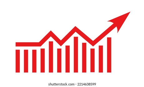 Señal de flecha roja creciente aislada en fondo blanco. Gráficos y gráficos de barras. El precio en alza. Concepto de inflación. Finanzas y Economía. Estadísticas gráficas. Planificación financiera y mercados. Infografía.