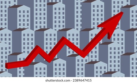 Red growing up large arrow on residential building monochrome vector background. Rising prices for purchase, sale and rental of real estate. Flat. Bar chart. graph. Interest Rate Increases. Apartment