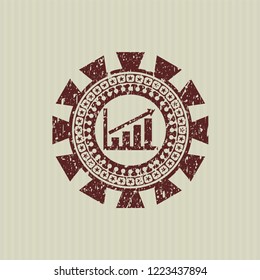 Red growth chart icon inside distressed rubber seal with grunge texture