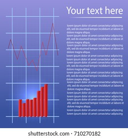 Red growth chart on the grid. Statistic violet background for text. Vector illustration.