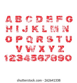 red grunge alphabet rubber stamp, isolated on white background