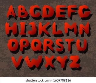 Red grunge alphabet with shadow on a rusty background. Vector illustration