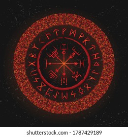 Red grunge background with circle ancient gothic symbols. Runic signs for decoration wallpapers