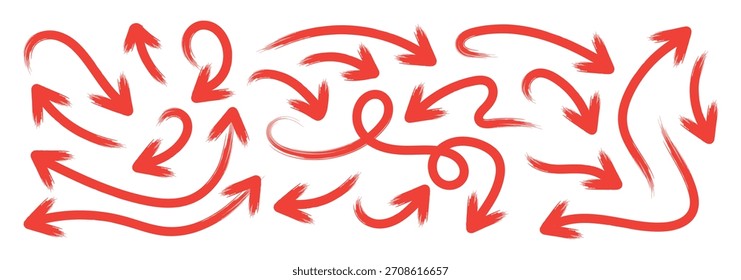 Setas curvas desenhadas à mão com pincel vermelho grunge. Faça doodle de setas grossas marcadoras em diferentes direções. Forma de direção áspera grunge para design. Coleção de ilustrações de traçados de pincel vetorial.