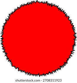 Red grunge circle with rough distressed jagged black edges for abstract creative design element isolated on white background 