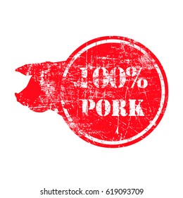 red grunge dirty rubber stamp with a pig silhouette and word 100% PORK