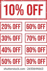 Red grunge discount stamp label set with 10% to 90% OFF text – bold vector design for promotional materials