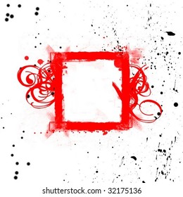 a red grunge frame with swirls on a white background with black ink spots
