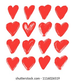 Red grunge heart set. Vector hand drawn collection.