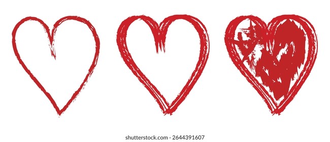 red grunge hearts. Design elements for Valentine's day. Vector illustration heart shapes. Isolated on white background, vector illustration.