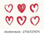Red grunge hearts set. Paint brush stroke hearts love symbol. Charcoal hearts set. Heart marker doodle icons