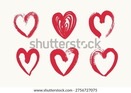 Red grunge hearts set. Paint brush stroke hearts love symbol. Charcoal hearts set. Heart marker doodle icons