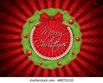 Red grunge holiday background with Christmas wreath.Vector.