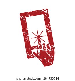 Red grunge icon with image of hand touching phone screen, isolated on white