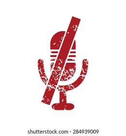 Red grunge icon with image of muted microphone, isolated on white