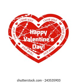 Red grunge isolated stamp in the shape of heart with declaration of love with lines and splashes. Vector element on white background