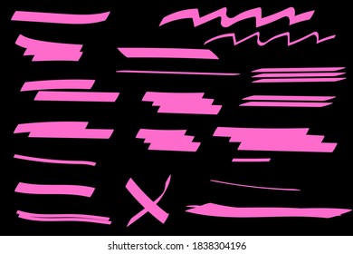 Red grunge lines on a black background. Raspberry Brush doodles on black chalkboard. Vector texture.