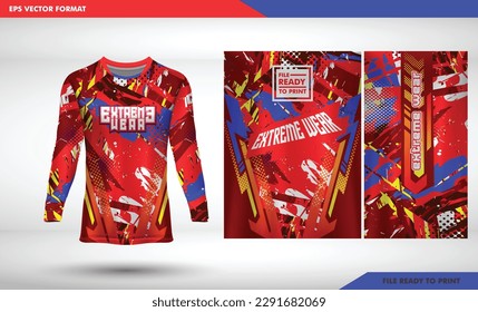 red grunge Long sleeve sports racing suit. Front t-shirt design. Templates for team uniforms. Sports design for football, racing, cycling, gaming jersey. Vector