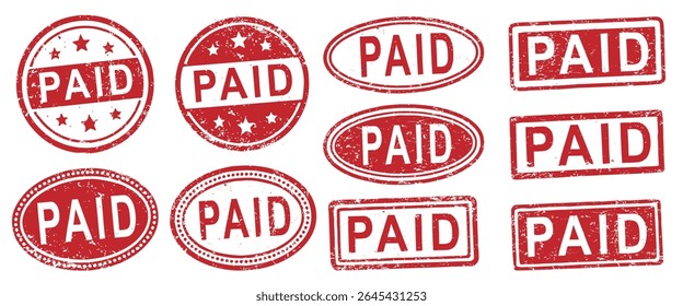 
Símbolo vermelho grunge PAID texto carimbo ícone conjunto. Estêncil de carimbo pago. Imagem de ilustração vetorial. Isolado no fundo branco.