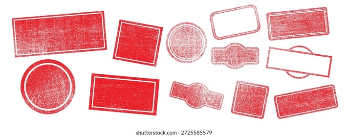 Conjunto de sello postal grunge rojo con cuadrados, rectángulos. Marcos de Vector retro, Anuncios, insignias, etiquetas, logotipos. Texturas angustiadas del desastre con las formas circulares vacías, rectangulares para el texto, diseño vintage