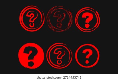 Red grunge question mark icon collection on a black background representing mystery, doubt, FAQ, and problem solving concepts