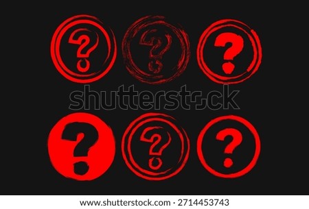 Red grunge question mark icon collection on a black background representing mystery, doubt, FAQ, and problem solving concepts