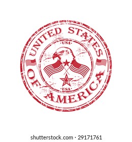 Red grunge rubber stamp with bald eagle, U.S. flags and the name of United States of America written in the middle of the stamp