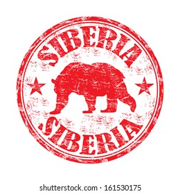 Red grunge rubber stamp with bear silhouette and the name of Siberia region written inside the stamp